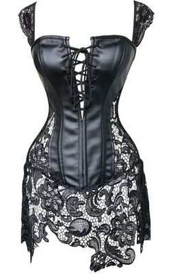 F9076 Womens Sexy Faux Leather Shoulder Strap Corset Dress Bustier Lace Skirt
